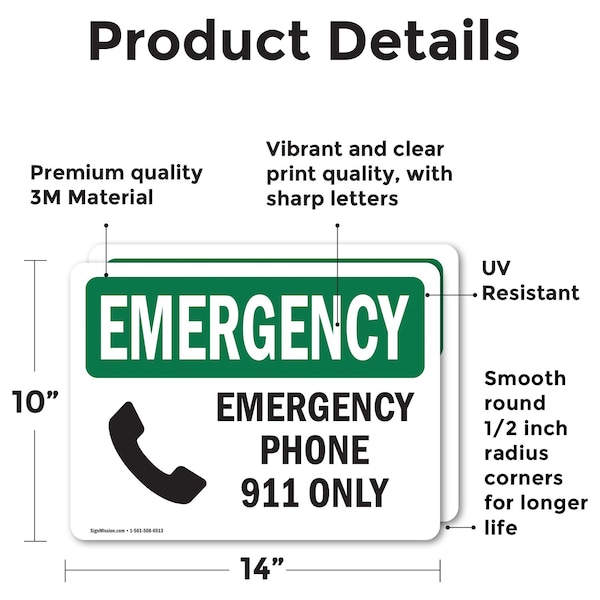 Phone 911 Only Emergency Sign, Vinyl Decal, 14in W X 10in L, 2PK